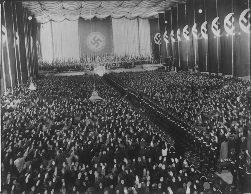 Adolf Hitler gives a speech in Vienna's Nordwestbahnhalle